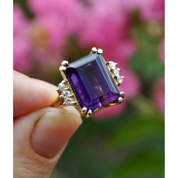 Jewelry - Vintage Estate 14k Solid Gold Natural Amethyst & Diamond Ring Large Emerald Cut